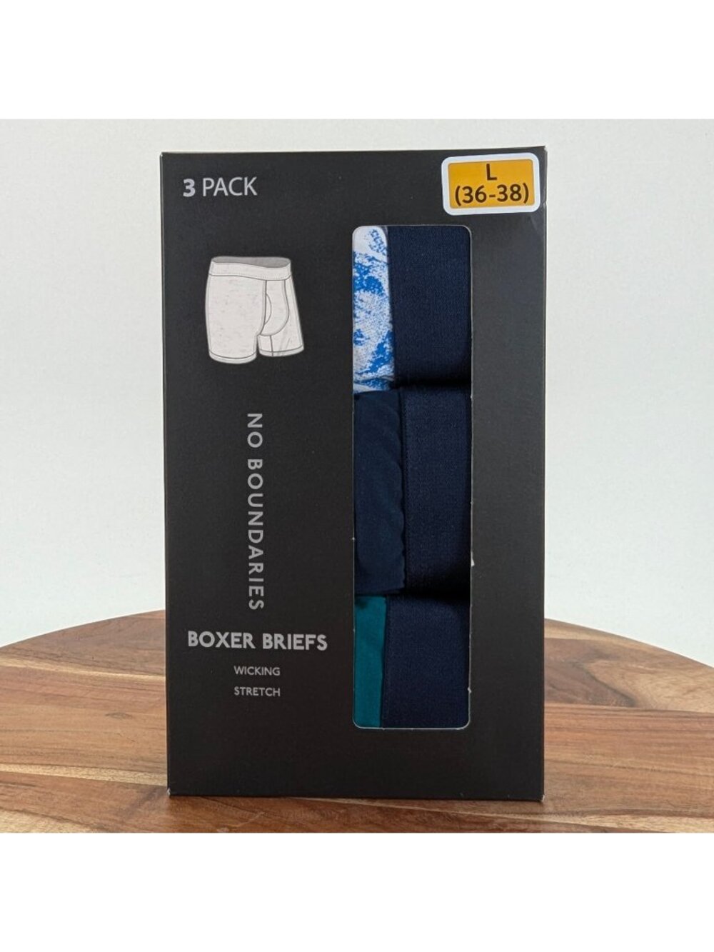 No Boundaries Mens Size Large 3-Pack Boxer Briefs w Moisture Wicking NEW
